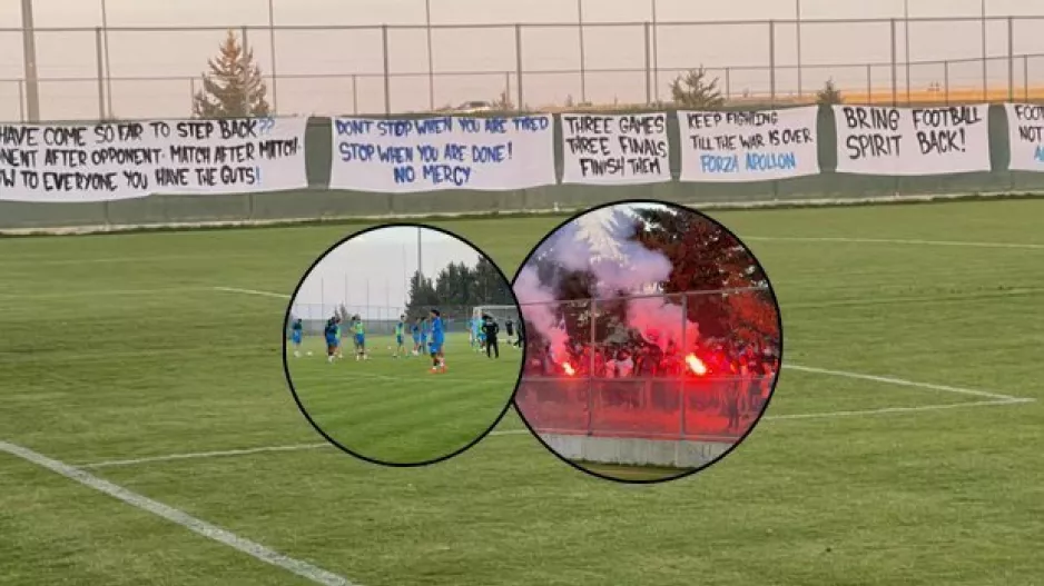 (Τα πανό στο Κολόσσι) "Δείξτε ότι έχετε τα κότσια/Τελειώστε τους!"