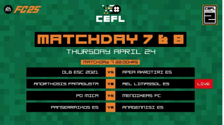 Cyprus eSports Football League: 24 Απριλίου, οι αγώνες για τη 7η και 8η αγωνιστική