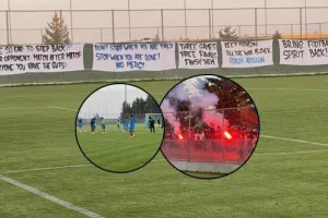 (Τα πανό στο Κολόσσι) "Δείξτε ότι έχετε τα κότσια/Τελειώστε τους!"