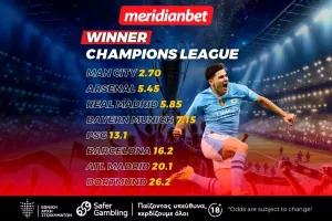 Champions League Winner: Φαβορί η Σίτι, ακολουθούν Άρσεναλ και Ρεάλ! - Ελκυστικές αποδόσεις μόνο στην Meridianbet!